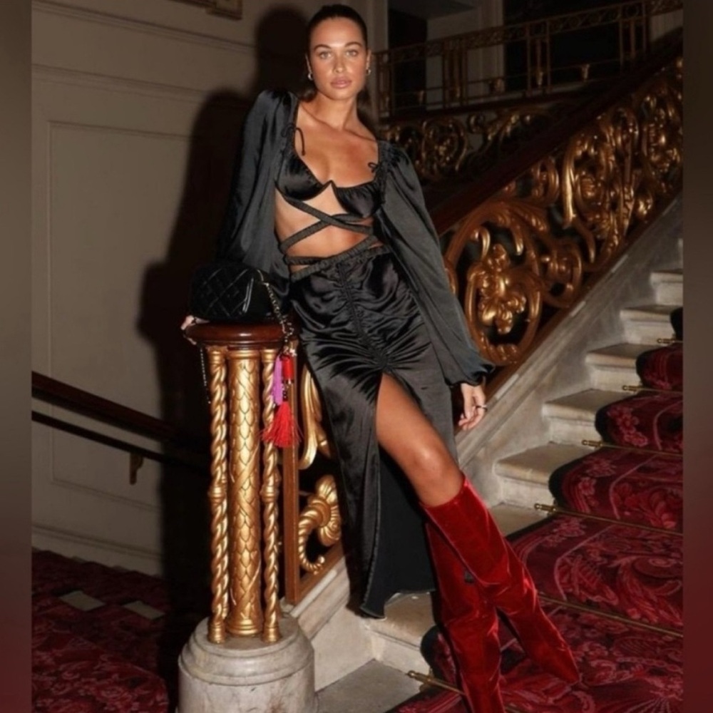 For Love And Lemons Black Satin Maxi Skirt with Side Slit